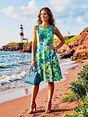 Jones Studio Blue & Green Floral Sleeveless Midi Dress